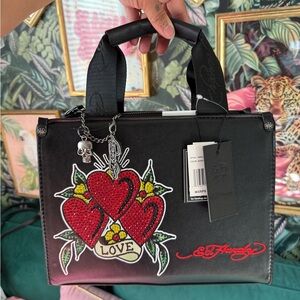 Ed Hardy Black Tote with Red Heart Design